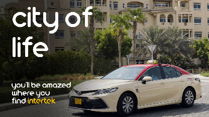 A Dubai Taxi Company vehicle parked at the roadside